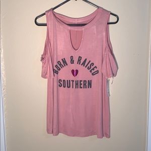 FRANCESCA’S mauve pink cold shoulder tee. NWT
